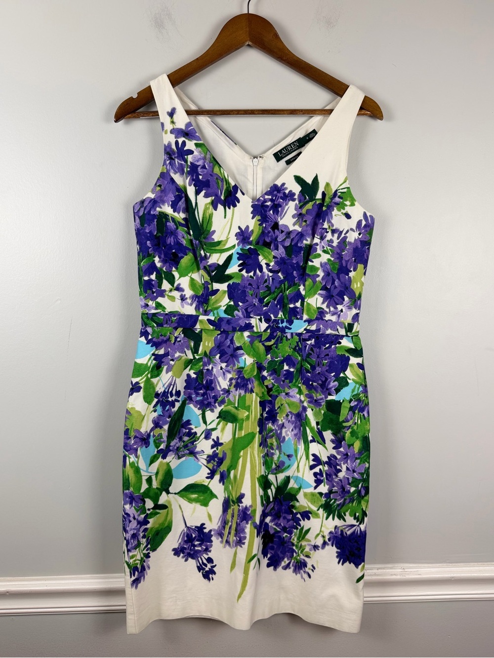 Lauren Ralph Lauren Midi Dress 6 White Cotton Purple Floral Easter Spring